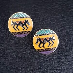 VTG Laurel Burch Coptic Horse Earrings Gold Plate Southwestern Colors Enamel 80s